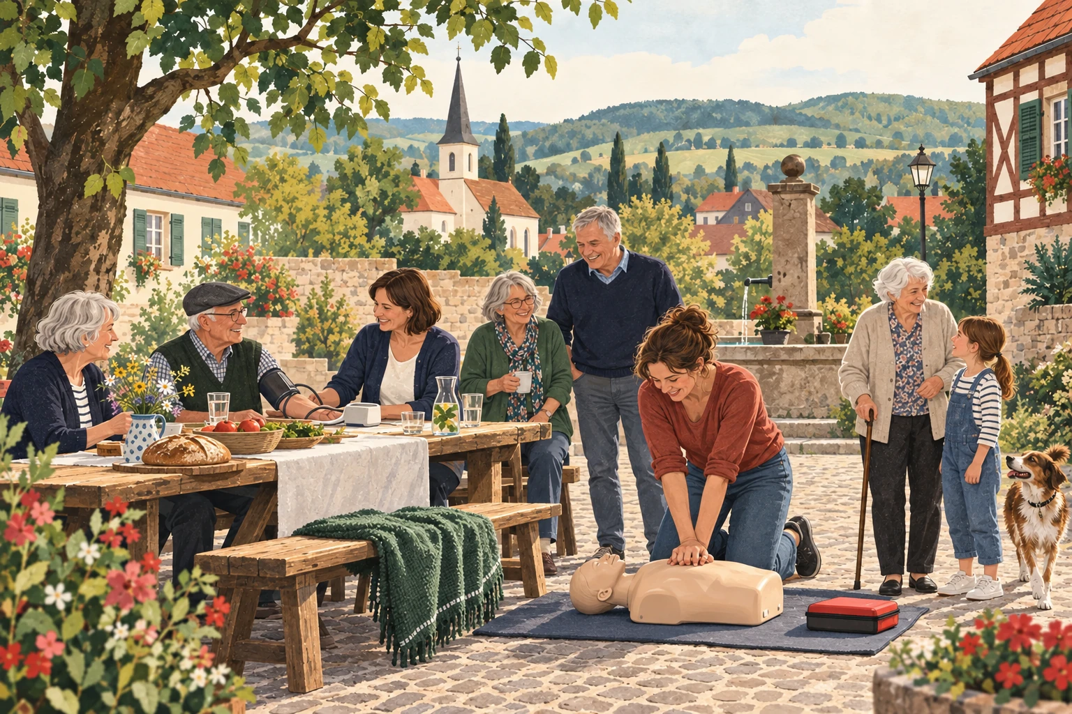Illustration: Nachbarn treffen sich auf einem Dorfplatz, üben Wiederbelebung an einer Trainingspuppe und lernen gemeinsam über Gesundheitsvorsorge.